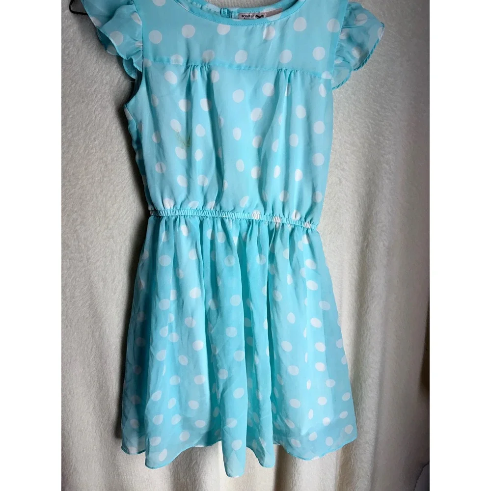 Scooter Brown Girls Blue White Polka Dot Flutter Sleeve Dress Size 10/12